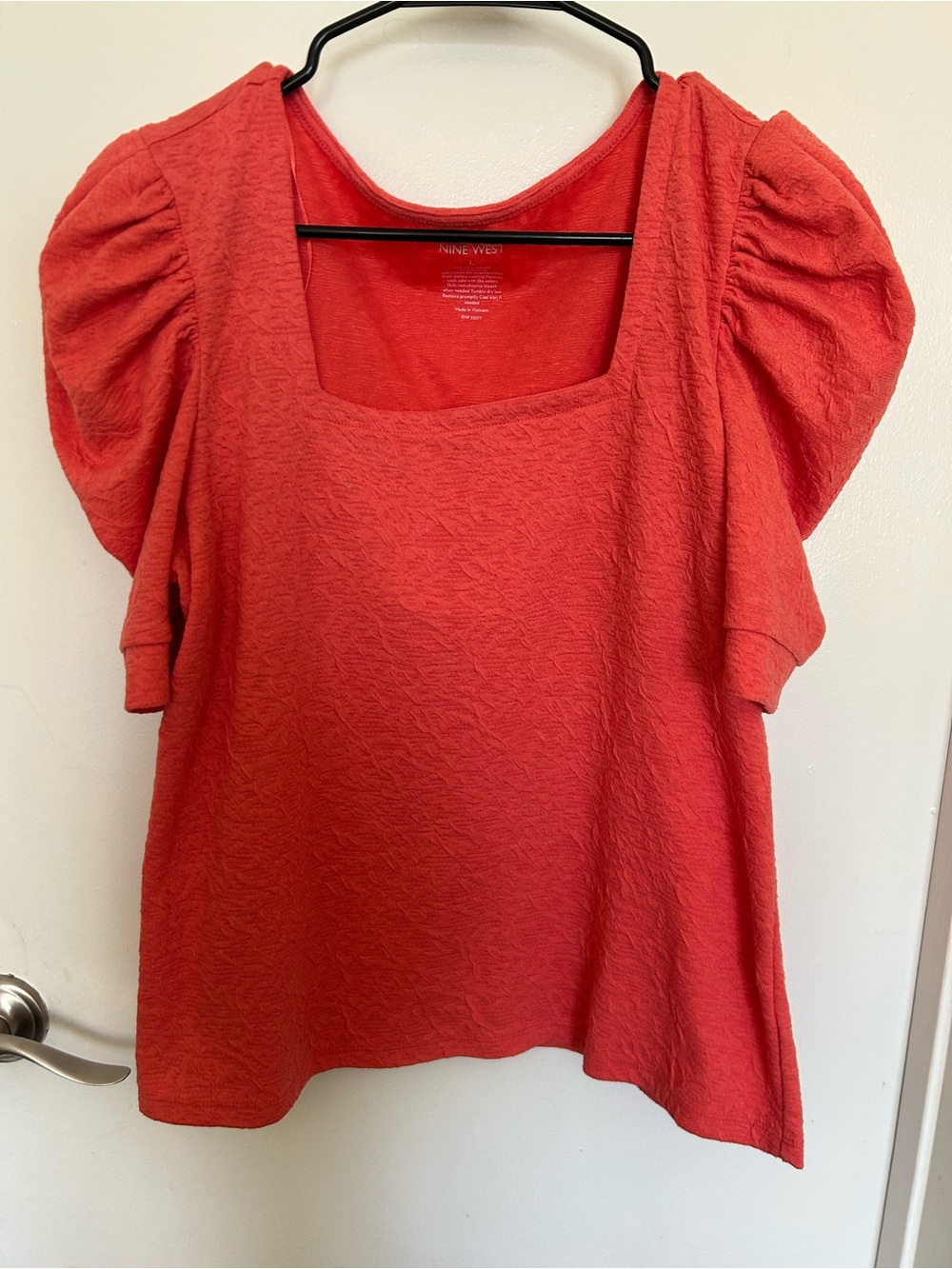 Nine West Coral Red Puff Sleeve Square Neck Blouse